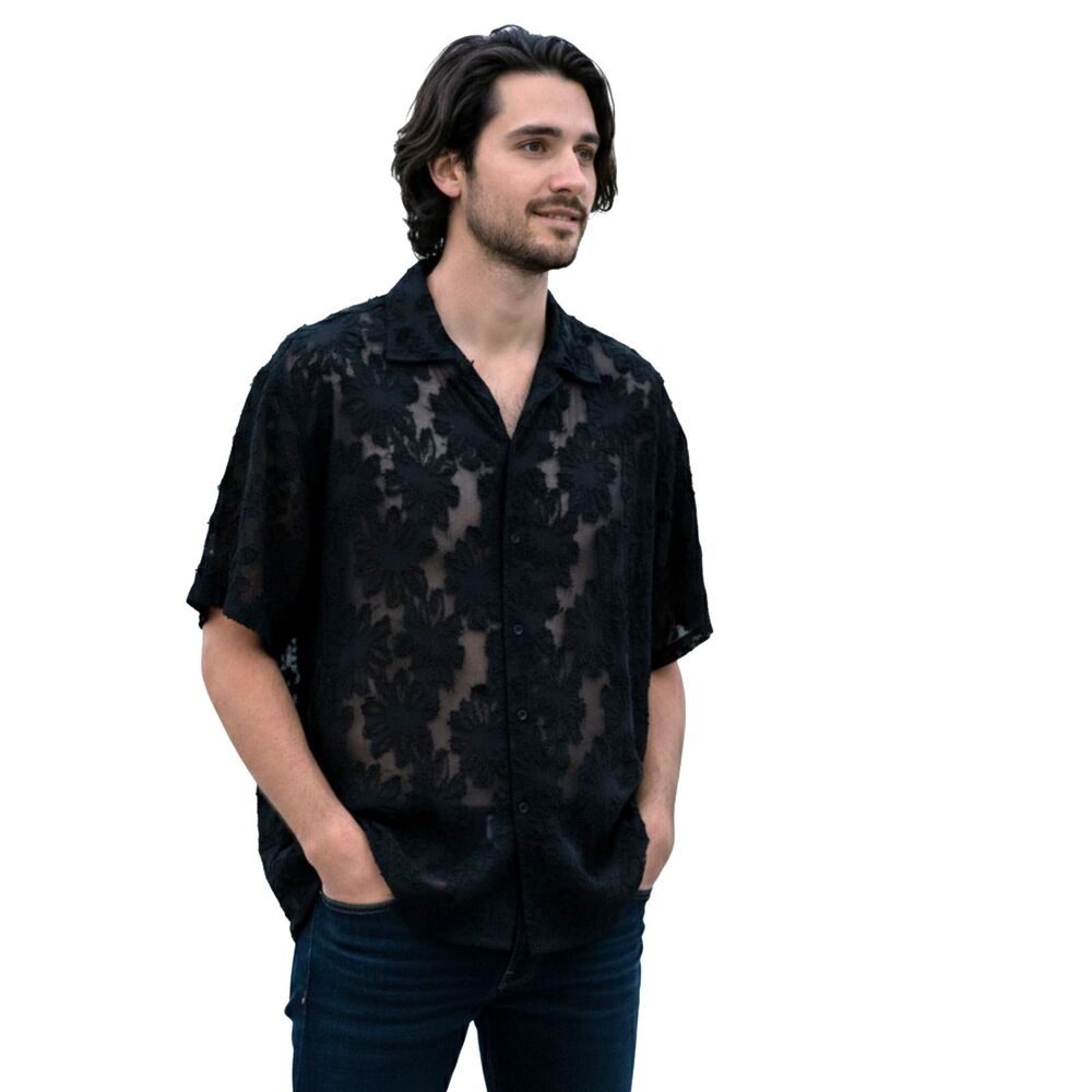 Floerns Men's Sheer Mesh Short Sleeve Beach Shirt